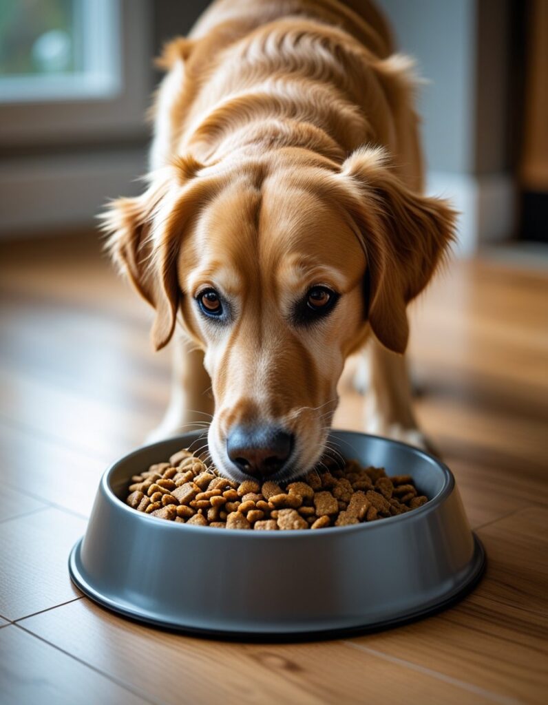 A golden retriever happily eating from a bowl filled with meat-based kibble.