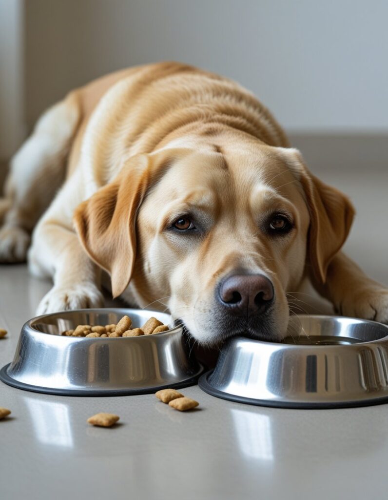 A tired Labrador lying beside a nearly empty dog bowl.